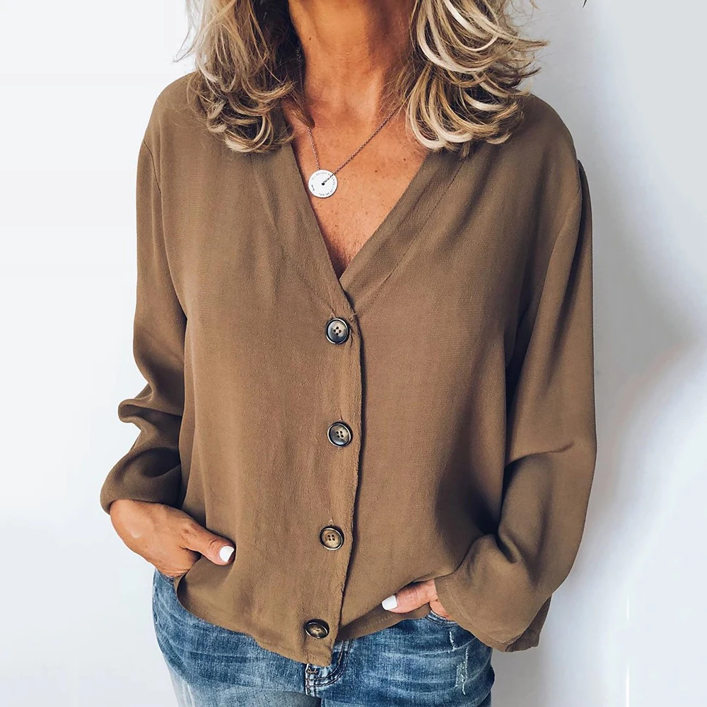 

CALOFE Summer Womens Solid Blouse Long Sleeve Shirt Women Button Top Plus Size Casual V Neck Loose Long Sleeve Blouses