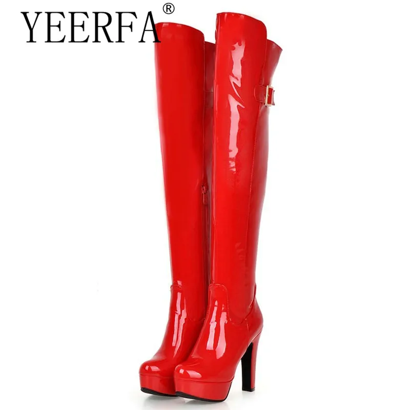 

Patent Leather Women Thigh High Boots Autumn Winter Over The Knee Boots Square High Heels Knee High Boots Black Booties