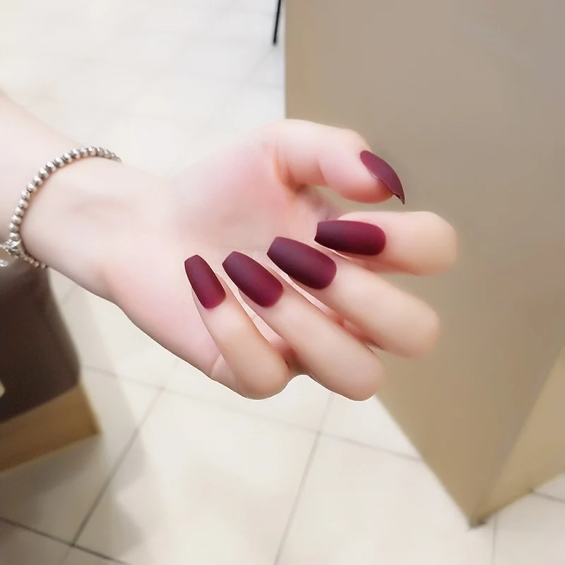 24pcs Set Matte Frosted Full Cover Ballerina Coffin Fake Nails Tips 24pcs Set Matte Frosted Full Cover Ballerina Coffin Fake Nails Tips Trapezoidal Designs Long Wine Red Ballerinas False Nail Art In From Beauty