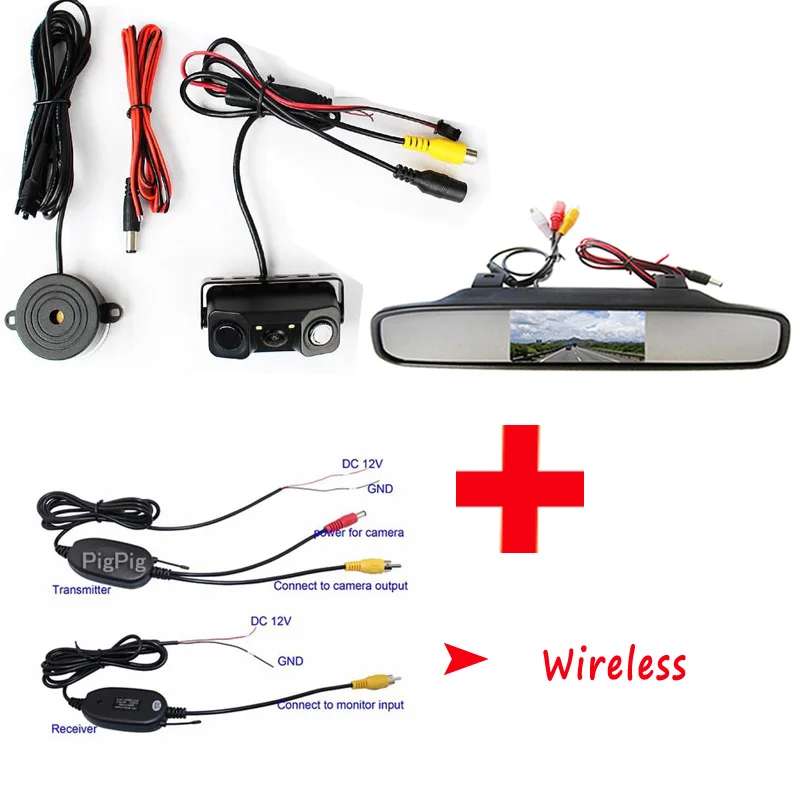 Беспроводной датчик помощи при парковке резервный радар с камерой заднего вида+ 4,3 дюймов ЖК-дисплей автомобиля зеркало заднего вида монитор видео парковка - Название цвета: wireless mirror