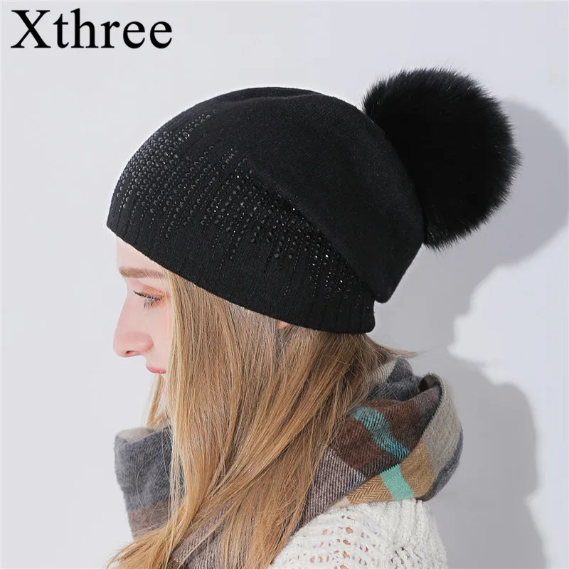 Xthree теплая женская зимняя шапка с помпонами из лисы вязаная кашемира Gorro