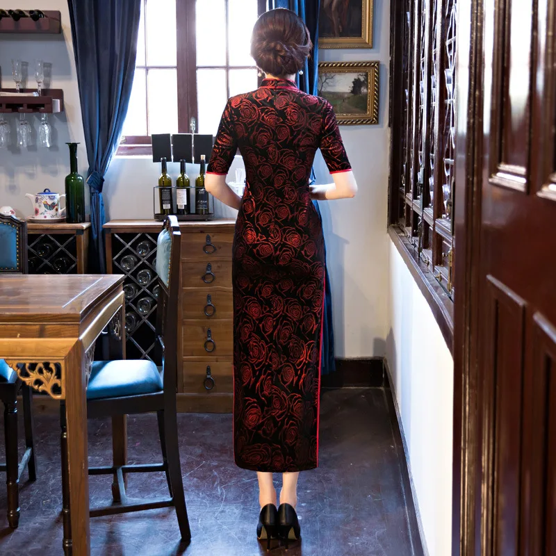 Black-Red Traditional Chinese Dress Women's Satin Long Cheongsam Qipao Flower Short Sleeve Chinese Oriental Dresses Size M-4XL (3)