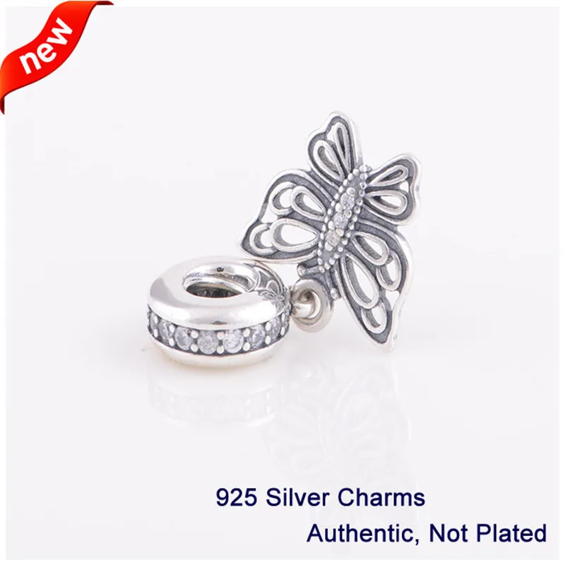 

Butterfly Beads 100% 925 Sterling Silver Clear Cz Vintage Dangle Charm for Jewelry Making Fit Bracelets Diy Fine Jewelry PF035