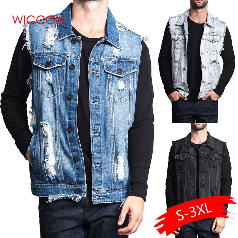 

Plus Size Men's Sleeveless Jacket Coat 2019 Vintage Hole Tassel Denim Vests Blue Black Outerwear Ripped Pocket Waistcoat Summer