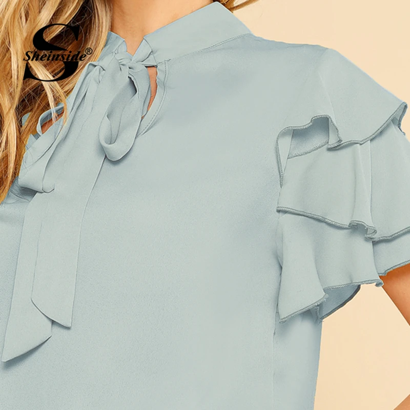 Sheinside Tie Neck Layered Flounce Sleeve Top Blue Stand Collar Short Sleeve Blouse Women Summer Ruffle Cut Out OL Work Tops