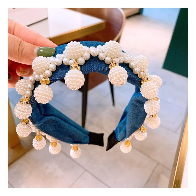 Luxury Denim Wide Pearl Headbands Baroque Ball Pendant Crown Blue Turban Party Show Hairbands Gifts for Women