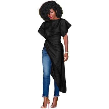 

2019 Fashion Women Asymmetrical Slash Neck Blouses Batwing Sleeve Solid Split Shirts Short Sleeve Pleated Cascual Tops