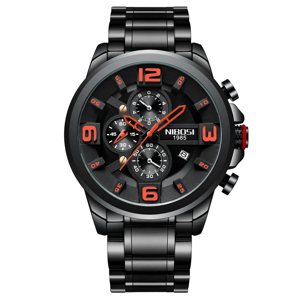 NIBOSI часы с большим циферблатом мужской роскошный бренд часов Аналоговые мужские военные часы Reloj Hombre Whatch Мужские кварцевые мужские спортивные часы - Цвет: Black Red