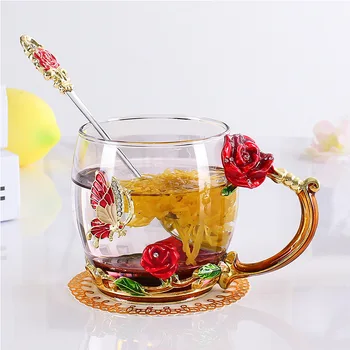 

1pcs High-grade Flower Tea Glass Cup Rose Enamel Crystal Glass Water Cup Flower Mug with Handgrip Perfect Gift For Lover Wedding