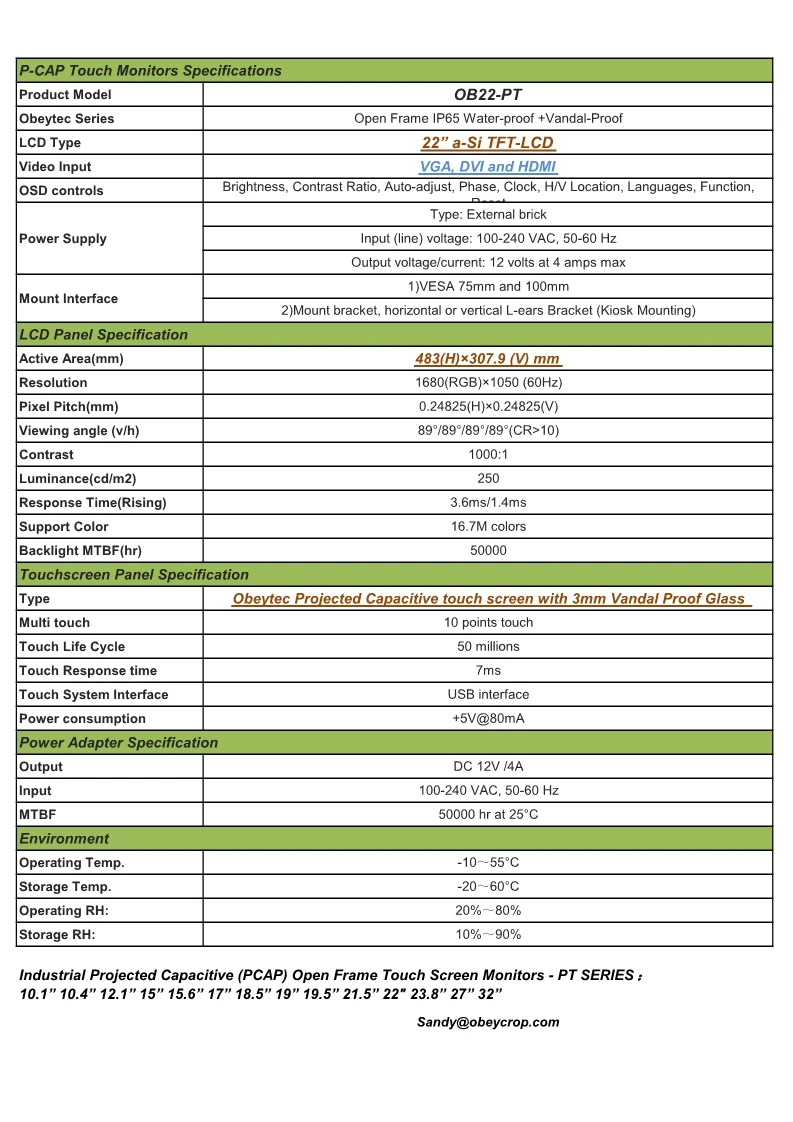 Obeytec 22 дюймов ЖК-дисплей широкий металлический емкостный открытая рамка сенсорный монитор, 10 точек, IP65, антивандальный, 3 мм покрытие стекло, 1366*768