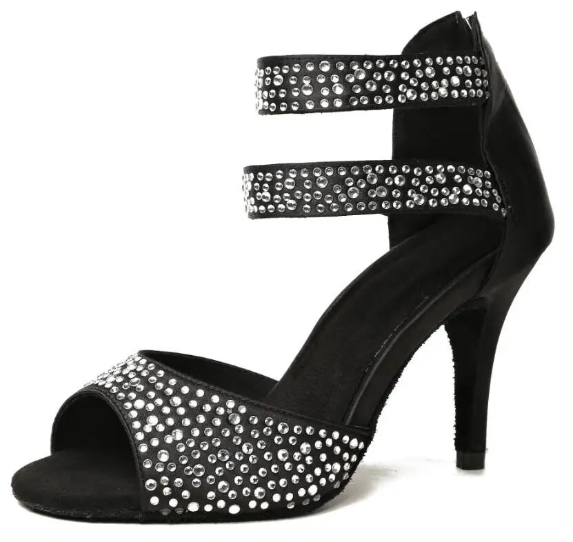 Черная обувь для женщин; женские Вечерние туфли на квадратном каблуке для сальсы; обувь для латинских танцев; стразы на молнии; JuseDanc - Цвет: as picture heel 10cm