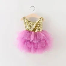 EMS DHL Free Shipping Little Girl's Holiday Lace Casual kids dress Princess Gold Violet Dress Sequin Tiers Tutu Dress 90-130