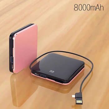 

New 8000mah Mini Power Bank 2.1A Fast Charging Built-in Line Phone Charger Thin Mirror Screen Design Powerbank For iPhone Xiaomi