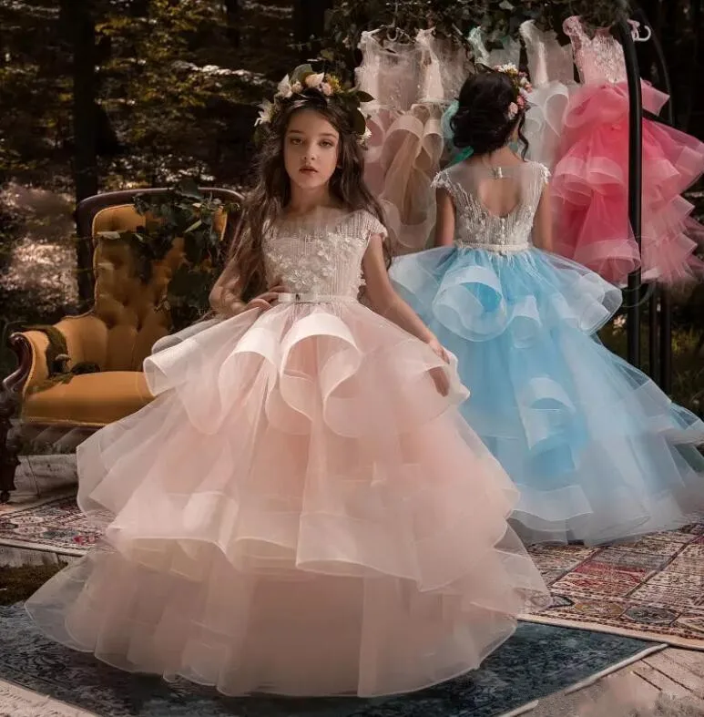 Cute Pink Flower Girls Dresses For Weddings Long Puffy Beads Appliqued Pageant Communion Dress Free Shipping Cute Pink Flower Girls Dresses For Weddings Long Puffy Beads Appliqued Pageant Communion Dress Free Shipping