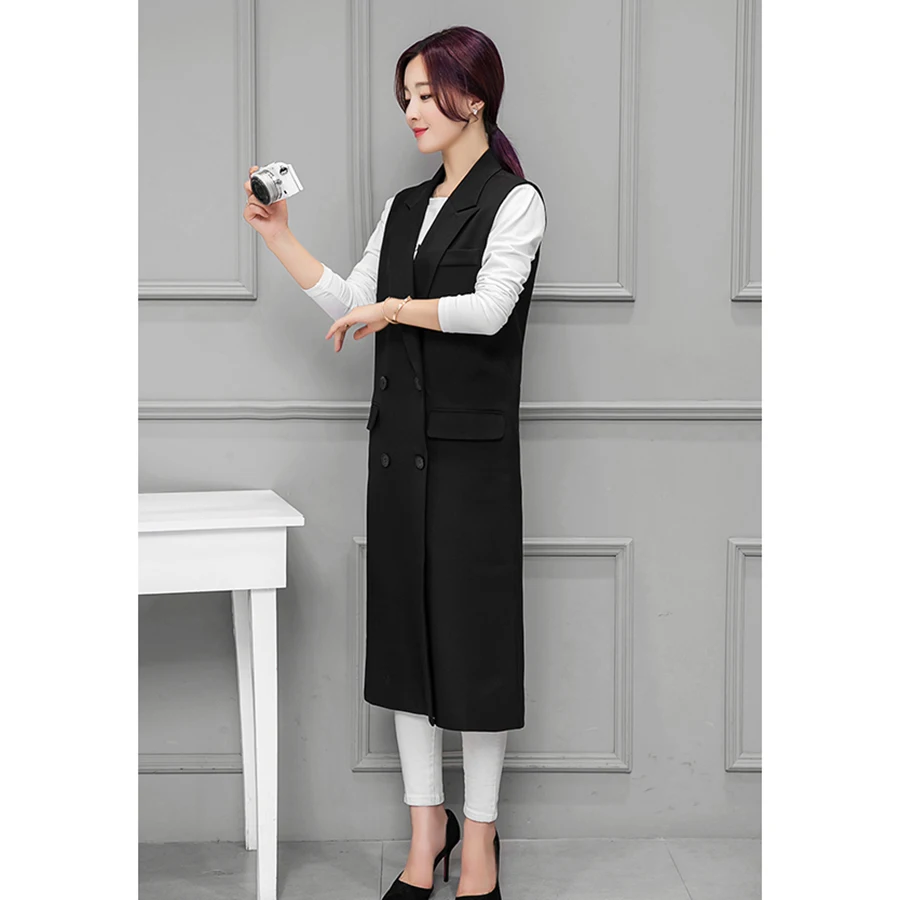Women Black Long Vest Coat 2018 European Style Double Breasted Waistcoat Sleeveless Vest Femme Outwear Casual Tops Roupa Female