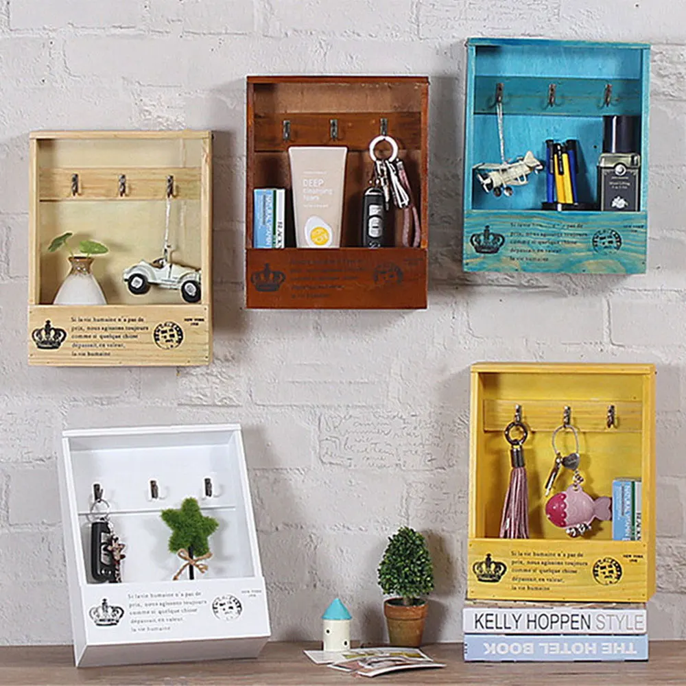 

Home Wall Decor Wooden Key Hook Storage Box Organizer Wall Mounted Flower Pots Phone Bags Hanging Basket Sundries Shelf Holder