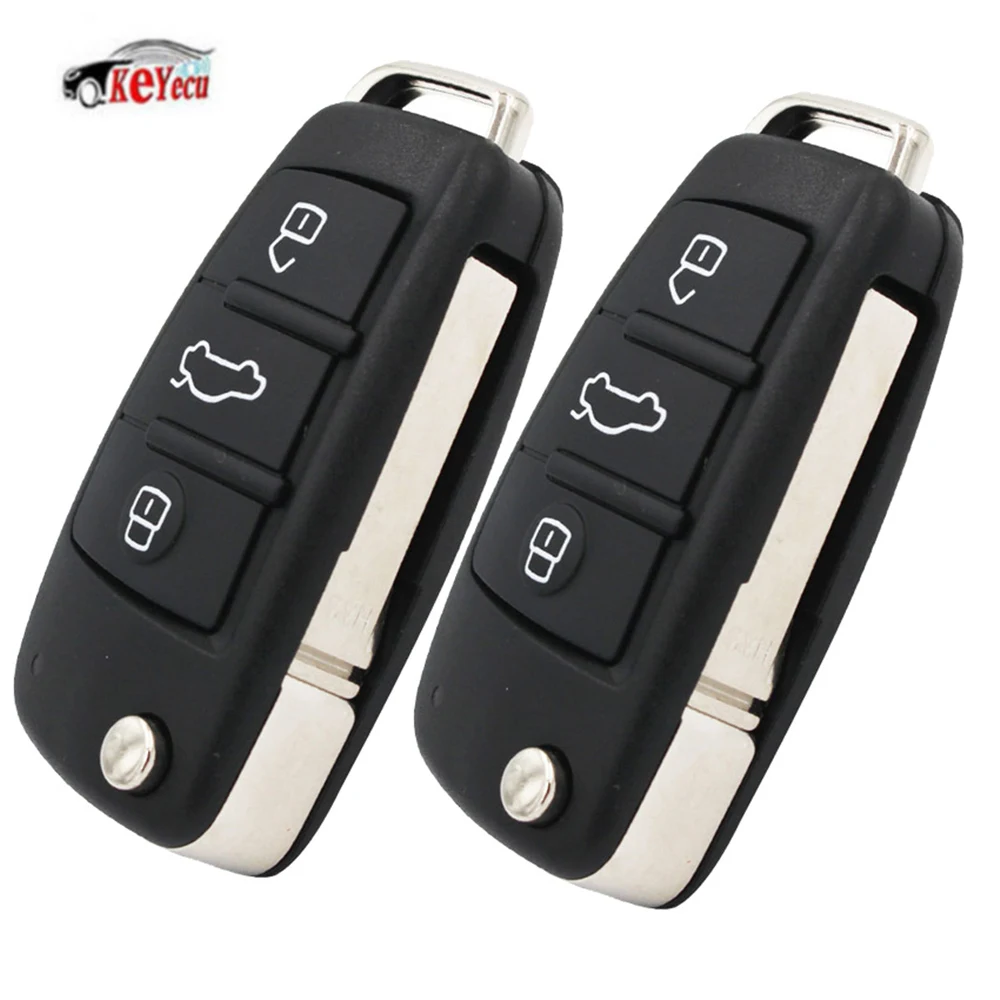 

KEYECU 2 Pcs Folding Remote Car Key Keyless Entry 3 Button 433MHz for Audi Q7 8E0 837 220AF with 8E Chip Key Blank Uncut Blade