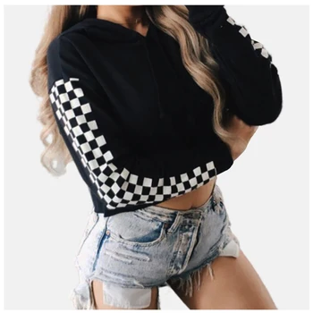 

Checkered Top Plaid Hoodie Kawaii Clothes Women Poleron Mujer 2020 Yellow Sweatshirt Crop Top Pullover Black Sexy Cropped Hoodie