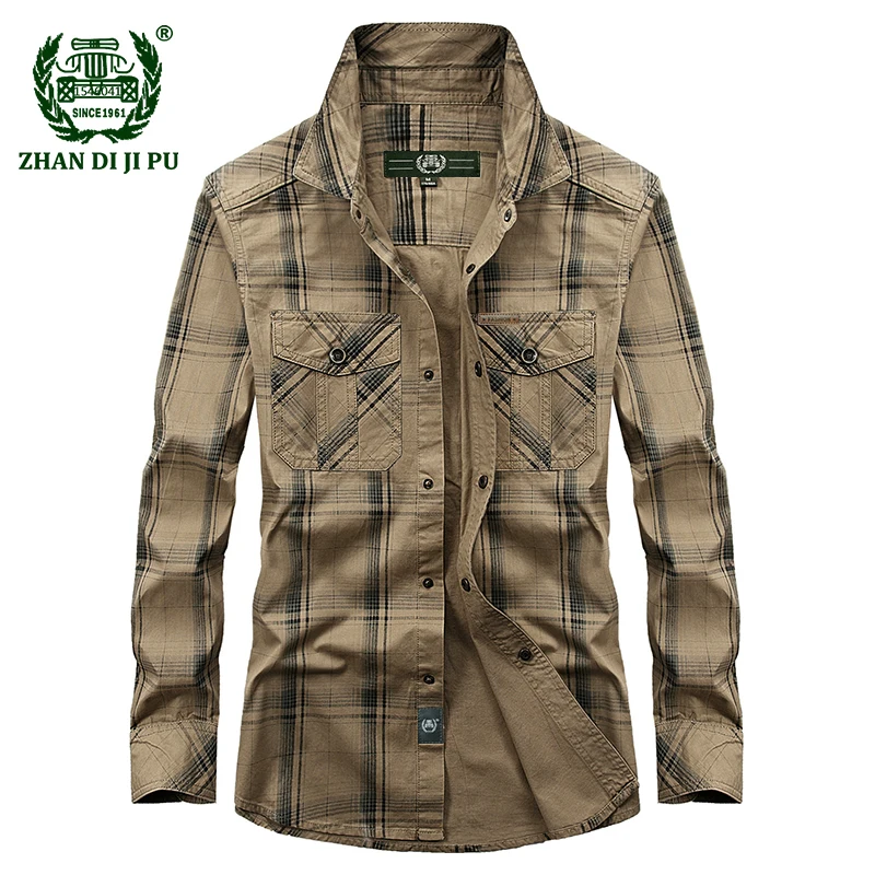 Günstig 2018 herbst männer casual marke armee grün plaid plus größe lange hülse hemd frühling mann 100% baumwolle afs jeep khaki grid shirts