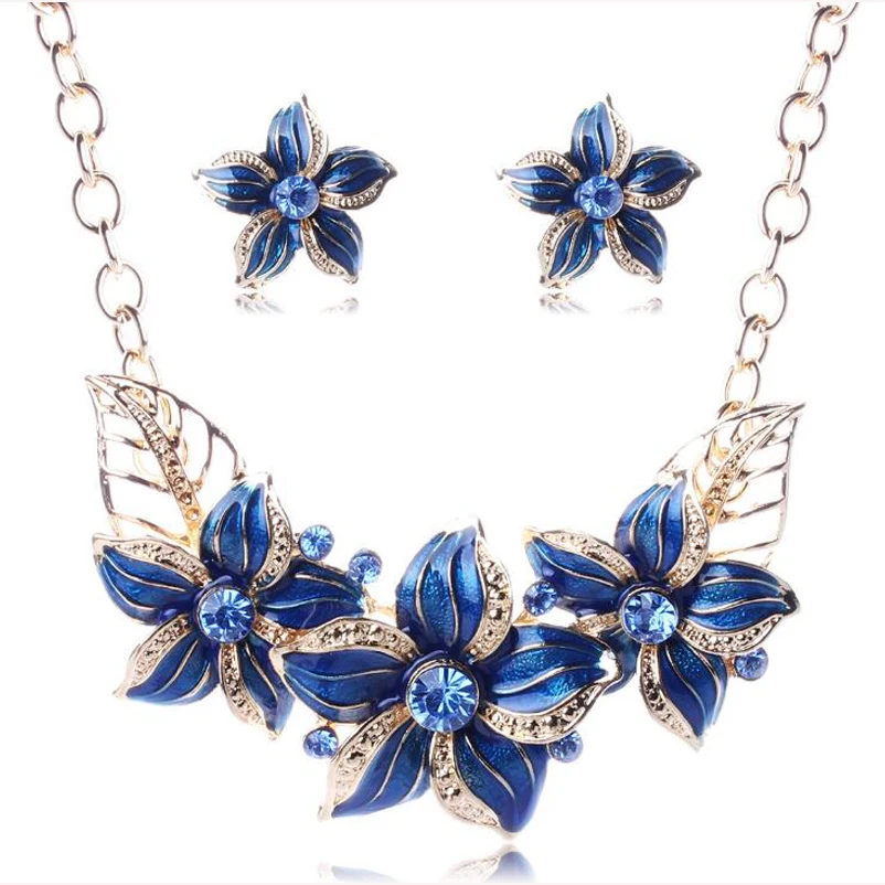 Jewelry Sets Austrian Crystal Enamel Flower Jewelry Sets for Women African Costume Jewelry Maxi Necklace Earring Set XY-N404