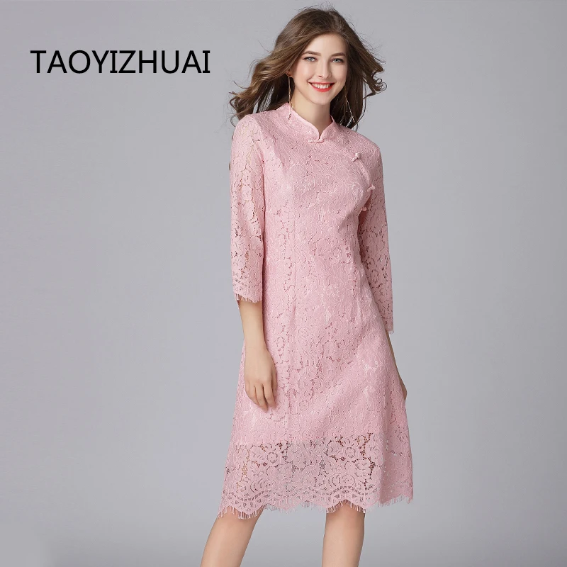 Женское винтажное кружевное платье TAOYIZHUAI розовое с декоративными пуговицами