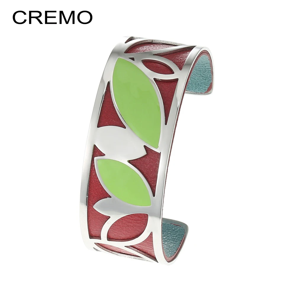 

Cremo Enamel Bangles Jewelry Stainless Steel Bracelets Women 25mm Wide Leather Reversible Cuffs Manchette Bijoux Femme Pulseras