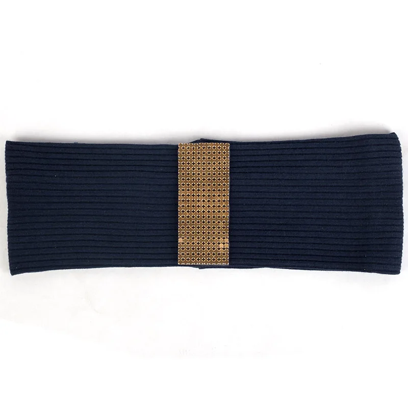 Ribbed Headband For Women Metal Geometric Accessories Female Casual Elastic Hairband Turban Wraps Cotton Striped Flat Band DT796 - Цвет: Navy Gold