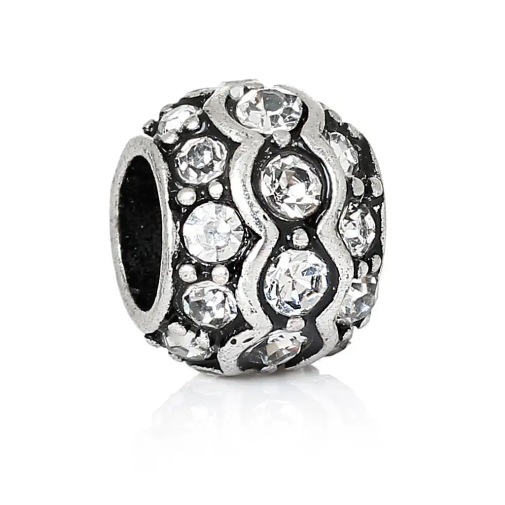 

European Style Charm Zinc alloy Beads Barrel Antique Silver Clear Rhinestone About 10mmx8mm,Hole: Approx 5.2mm,1 Pc new