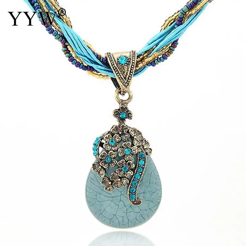 

Bohemia Rhinestone Resin Pendant Antique Gold Color Plated Multilayer Nylon Cord Necklace Ethnic for Woman Friendship Jewelry