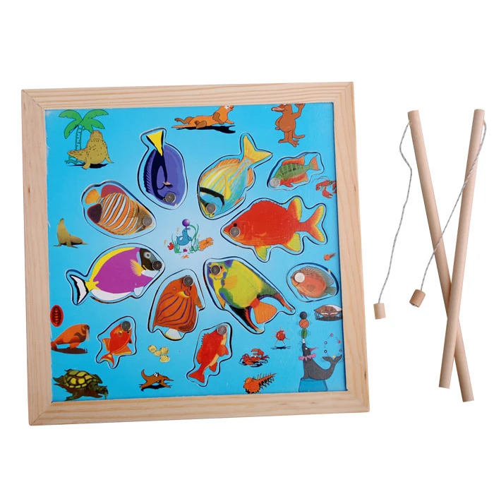 1 PCS Children Fishing Game Wooden Ocean Fish Jigsaw Puzzle Board Combo