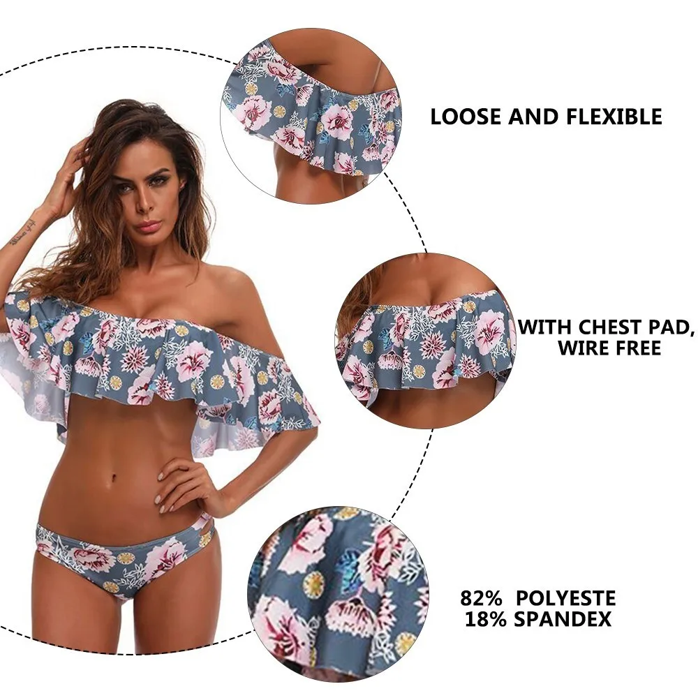 Off Shoulder Bikini Swimsuit Ruffle Sexy Strapless Bikini Floral Bandeau Swimsuit Female Bathing Suit Women BK50005