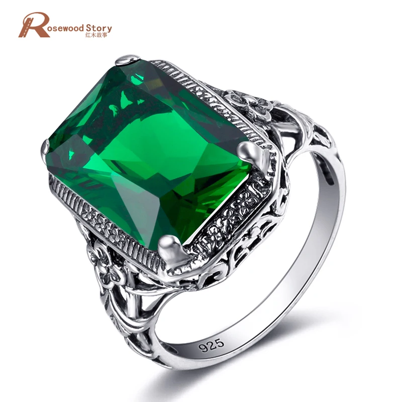 

Vintage Created Emerald Stone Cocktail Rings Solid 925 Sterling Silver Jewelry Bridal Wedding Rings for Women Evening Party Show