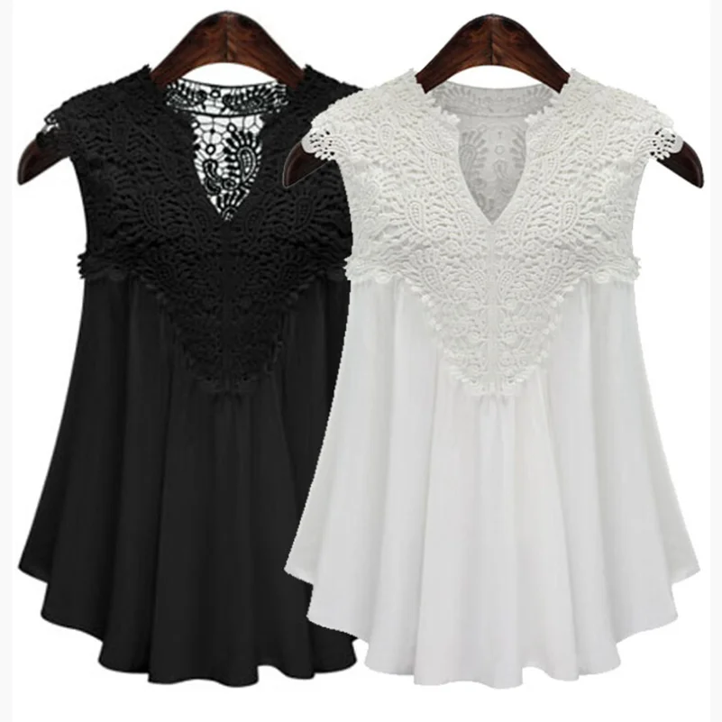

New Chiffon Sleeveless V-neck Lace Pleated Chiffon Blouse Solid Loose Black White Boho Style Summer Plus Size Womens Clothing