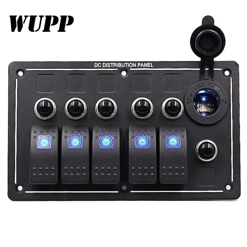 

WUPP 5 Gang Boat Rocker Switch Panel Cigarette Lighter Socket Car Switch Panel Marine Metal Switch Panel LED Switch