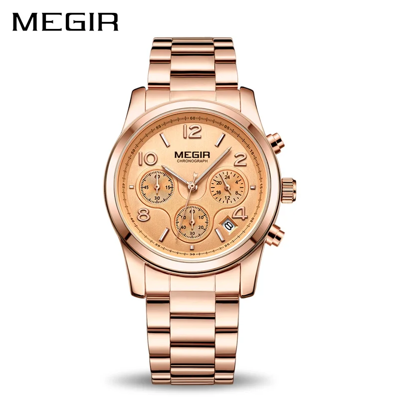 MEGIR, женские кварцевые часы с хронографом, розовое золото, стальной ремешок, браслет, часы, водонепроницаемые, модные, женские, нарядные часы, relogios feminino