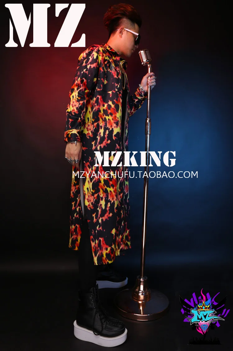 Новая мода Мужская Пламя длинная рубашка костюмы мужские певцы DJ звезда сцена пламя стрейч Длинные рубашки одежда! S-4XL