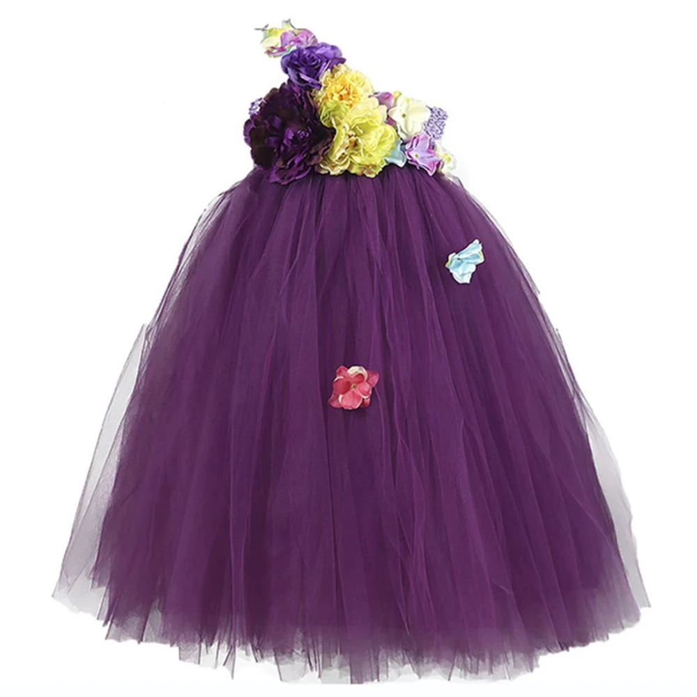 

Elegant Plum Baby Christmas Dress for Girl Children Flower One Shoulder Ankle Length Tutu Dress Girl Party Dress with Headwear