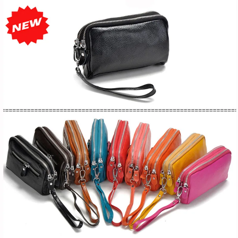 2017 Genuine Leather Women Coin Purse Double Zipper Mobile Bag Lady Clutch Wristlet Bags easy for carry clutches Wholesale|bag ladies|bags