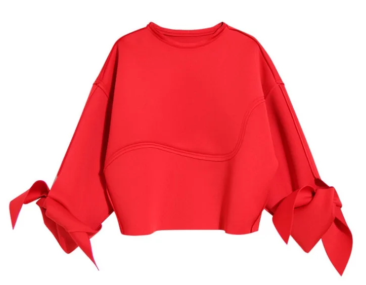 Женская Повседневная мода красный черный хлопковый флис Bow Hoodie манжеты дизайн пуловер с рукавами «летучая мышь» Свободные толстовки кофты - Цвет: Красный