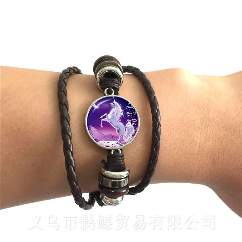 Womens Bracelet Cute Unicorn Fly Horses Glass Cabochon Bracelet Jewely Best Gift for Kids Boy or Girl Silver Color Animal Bangle