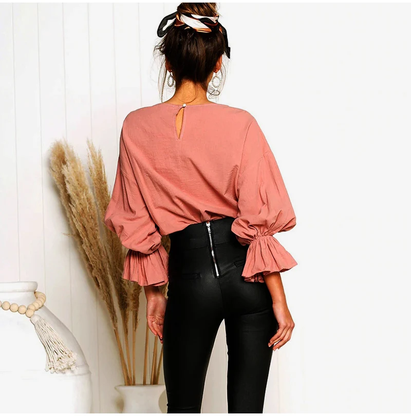 Pleated Lantern Sleeve O Neck Solid Women Shirts 2019 Fashion Flare Sleeves Hollow Out Casual Lady Blouses Woman's Feminine Top