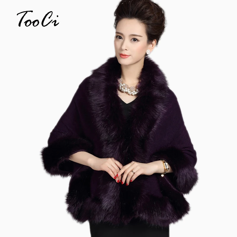 

New Fashion Autumn Winter Women Poncho Cardigan Female Red Wedding Cloak Shawl Fox Fur Collar Cloak Sweater