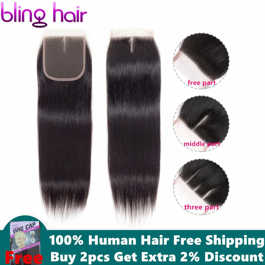 

Bling Hair 4*4 Swiss Lace Closure Peruvian Straight Human Hair Closure Free/Middle/Three Part with Baby Hair Remy Natural Color