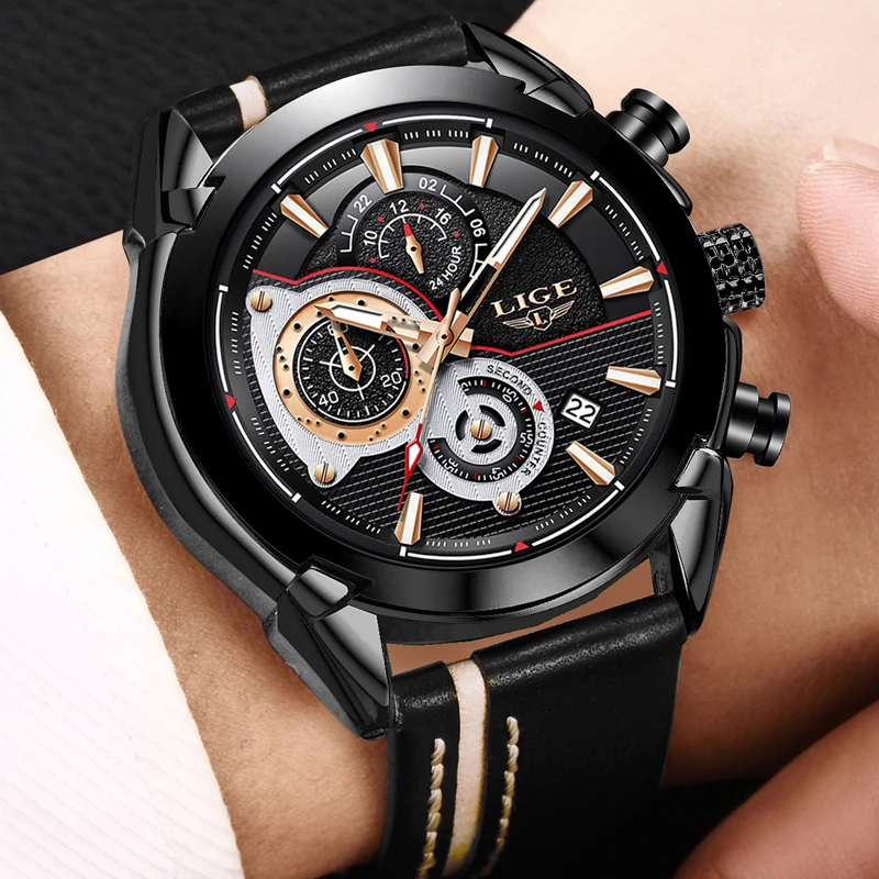 

LIGE Watch Men Business Waterproof Date Analogue Quartz Mens Watches Chronograph Leather Sport Watches For Men Relogio Masculino