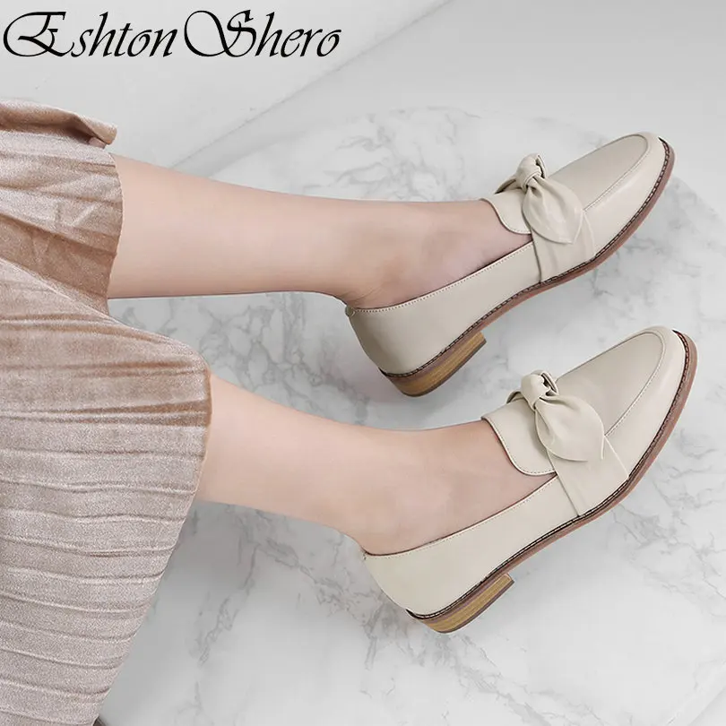 

EshtonShero Women's Shoes Woman Pumps Cow Leather+PU Low Heels Butterfly-Knot Round Toe Basic Ladies Wedding Shoes Size 3-9