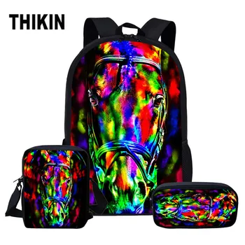 

THIKIN 3D Crazy Horse Print School Backpack Set for Teen Boys Girls 3 Pcs/set Children School Bags Custom Kids Student Book Bag