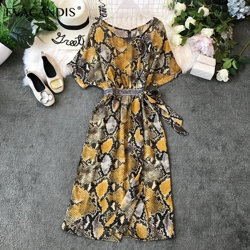 

Snake Print Dress Beach Boho Summer Plus Size Tunic Korean Midi Shirt Dress Elegant Vintage Sexy Snake Printed Women Vestidos