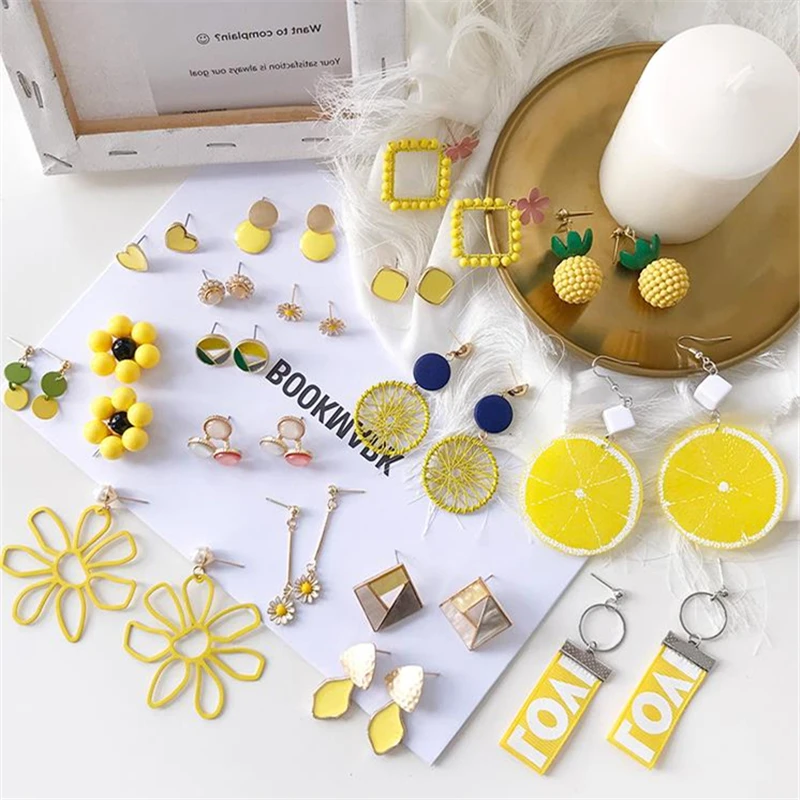 

HUANZHI 2019 Korean Yellow tassel Flower pearl geometric Hollow Stud Earrings for Women Wedding Girls Party Travel Jewelry