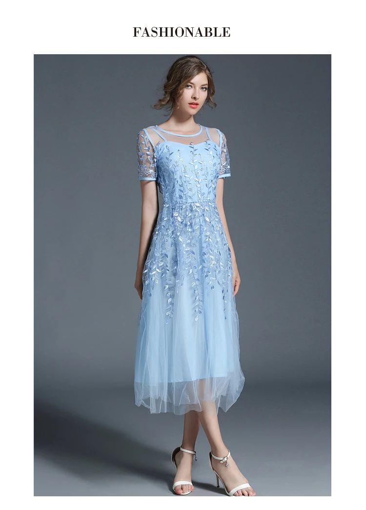 Elegant Mesh Short Sleeve Sky Blue Flower Dress