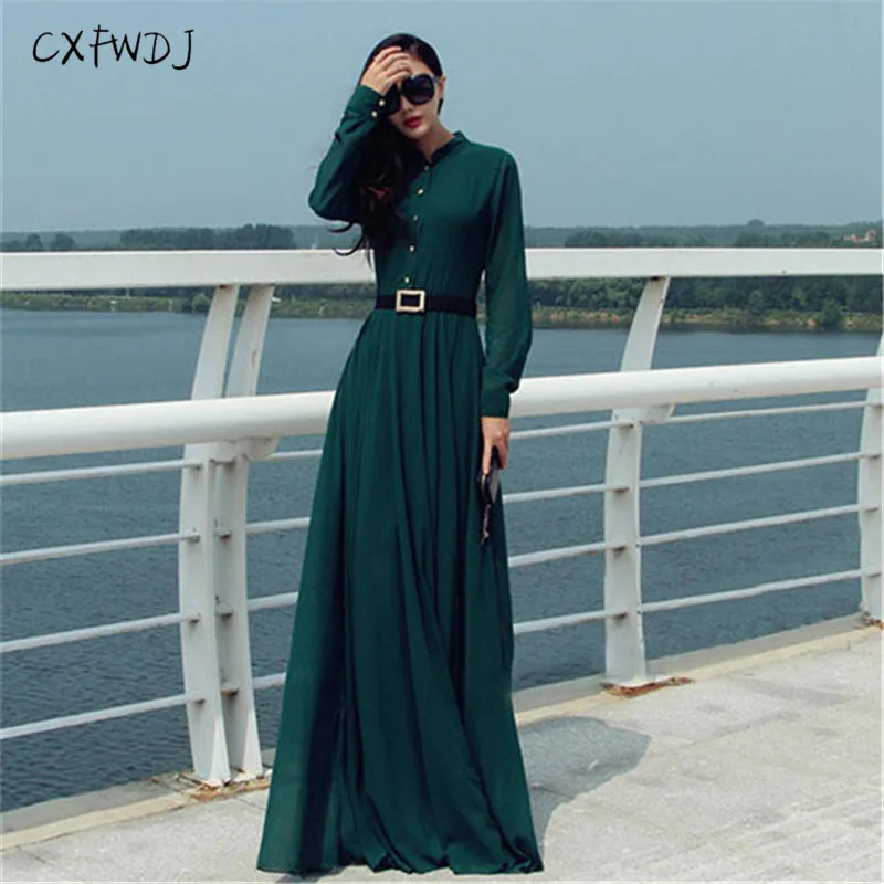 

2018 Featured Autumn Women Pleated Button Chiffon Dress Temperament Vacation Leisure floor length Match Belt Long Dresses Female